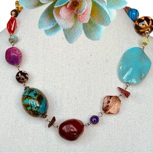 Vintage Multicolor Beaded Necklace Statement Art Glass Turquoise Boho Chunky